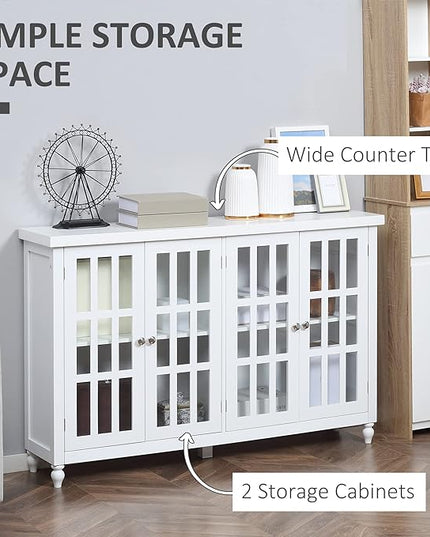 HOMCOM Sideboard, Buffet Cabinet with 4 Tempered Glass Doors, Stripe Pattern and Adjustable Storage Shelf, Credenza, White - LeafyLoom