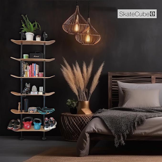 Industrial Shelves - 6 Tier Industrial Decor Pipe Bookcase Using 7 Ply Skateboard Decks - Natural Wood Stain Finish - Bathroom Wall Decor, Living Room Furniture, Book Shelf for Skateboard Enthusiasts - LeafyLoom