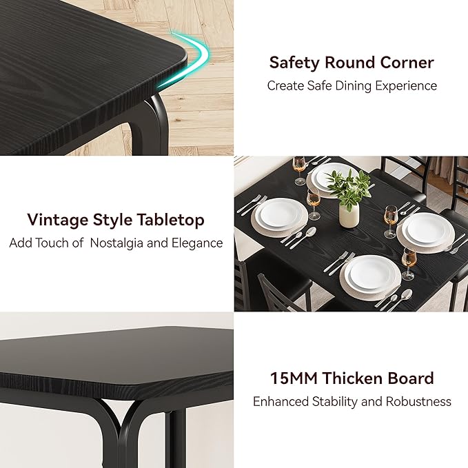Black Dining Table Set for 4, Kitchen Table and Chairs for 4, 5 Piece Kitchen Dining Room Table Set,Space-Saving Wood Modern Rectangle Dinner Table Dinette Furniture for Breakfast Nook,Home Office - LeafyLoom