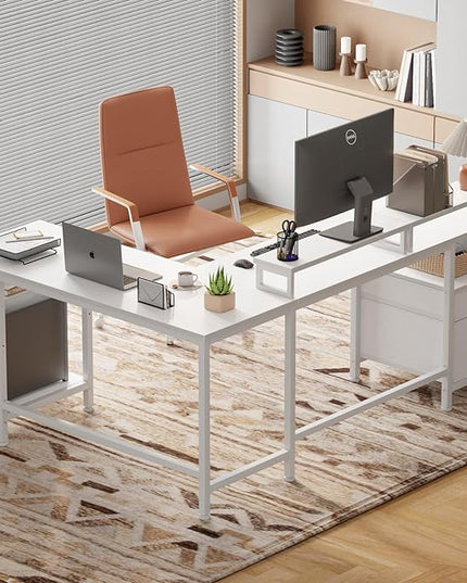 Furologee White 66" L Shaped Desk with Shelves, Reversible Corner Computer Desk with File Drawer & Dual Monitor Stand, Large Home Office Desk Writing Study Gaming Table Workstation - LeafyLoom