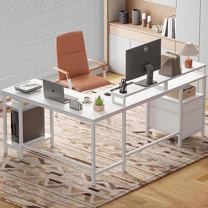 Furologee White 66" L Shaped Desk with Shelves, Reversible Corner Computer Desk with File Drawer & Dual Monitor Stand, Large Home Office Desk Writing Study Gaming Table Workstation - LeafyLoom