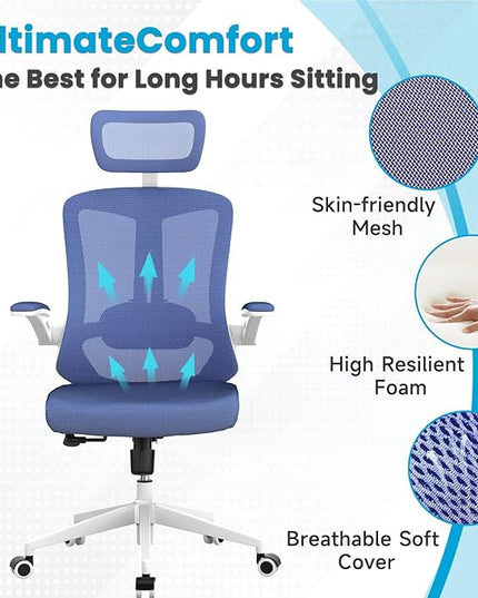 Ergonomic Office Chair - Comfy Desk Chairs with Wheels and Arms, 500LB Heavy Duty Mesh Computer Chairs with Comfortable Head Lumbar Back Support for Office, Bedroom, College Dorm and Study - LeafyLoom