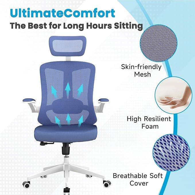 Ergonomic Office Chair - Comfy Desk Chairs with Wheels and Arms, 500LB Heavy Duty Mesh Computer Chairs with Comfortable Head Lumbar Back Support for Office, Bedroom, College Dorm and Study - LeafyLoom