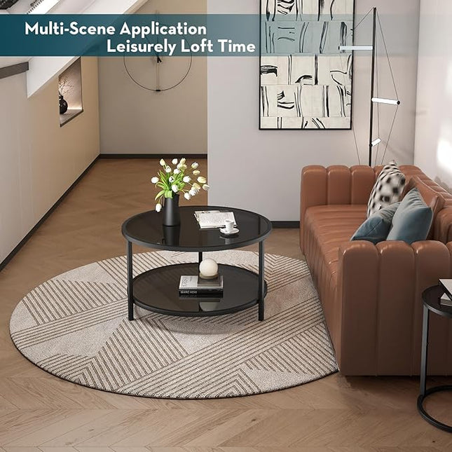 SAYGOER 27.6'' Round Coffee Table 2 Tier Black Glass Coffee Tables with Storage Shelf for Large or Small Space Modern Simple Sofa Table for Living Room Home Office, Easy Assembly… - LeafyLoom