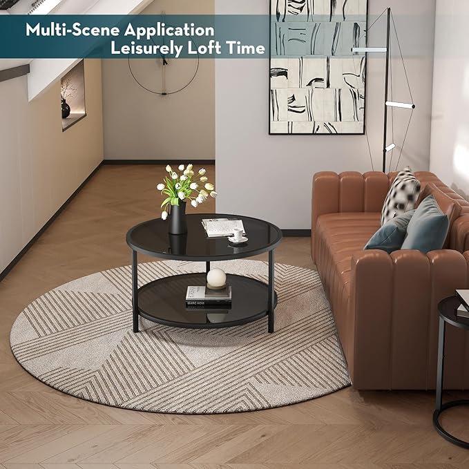 SAYGOER 27.6'' Round Coffee Table 2 Tier Black Glass Coffee Tables with Storage Shelf for Large or Small Space Modern Simple Sofa Table for Living Room Home Office, Easy Assembly… - LeafyLoom