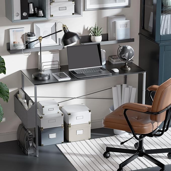 Pamray 47 Inch Computer Desk Small Spaces Desk with Storage Bag for Bedroom Writing and Home Office Work Small Study Desk Table Blcak - LeafyLoom