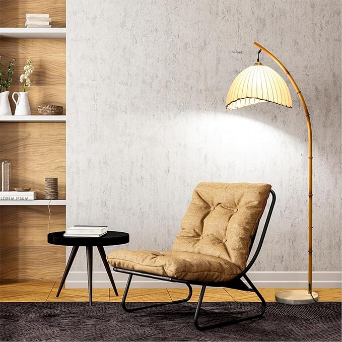 Vintage Bamboo Floor Lamp, Unique Bohemian Arc Floor Lamp, Vine Style, Restaurant Vertical Light, Farmhouse Study Living Room, Marble Base Light Living Room Corner - LeafyLoom