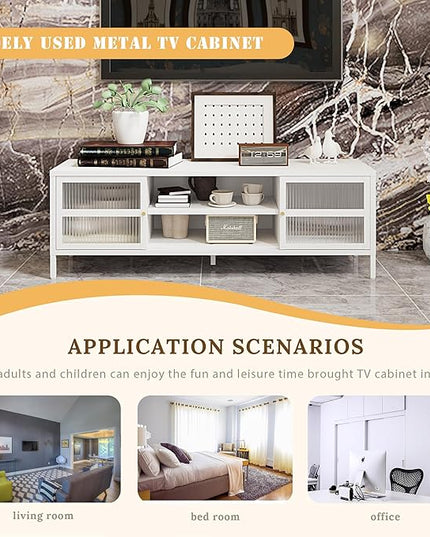 TV Stand for 55 60 inch TV, Glass Door Metal TV Cabinet Modern Mid Century Entertainment Center with Storage, TV Industrial Media Console Table 2 Cabinet for Living Room, Bedroom (White) - LeafyLoom