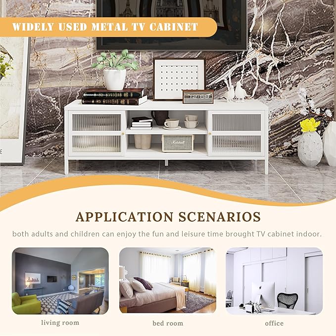 TV Stand for 55 60 inch TV, Glass Door Metal TV Cabinet Modern Mid Century Entertainment Center with Storage, TV Industrial Media Console Table 2 Cabinet for Living Room, Bedroom (White) - LeafyLoom