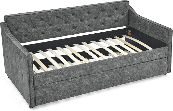 Size Upholstered Daybed with Twin Trundle, Solid Wooden Bed Frame w/Button Tufted Backrest and Waved Shape Arms, No Spring Box Need, for Kids, Bedroom, Dorm, Grey-4 - LeafyLoom