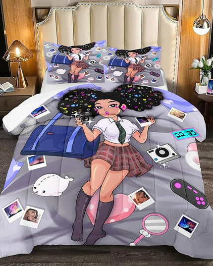 African American Girl Bedding Set Full Comforter Set for Girls Bedroom Decor Black Girl Comforter Set with 2 Pillowcases Kids Comforter Sets Gifts for Girls Kids Teens - LeafyLoom