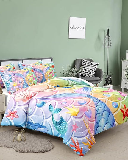 NINENINE Mermaid Tail Bedding Mermaid Comforter Set,Blue Glitter Bedding Full Comforter Sets for girls,Rainbow Scales Bedding Sets with 1Comforter 2Pillowcases - LeafyLoom
