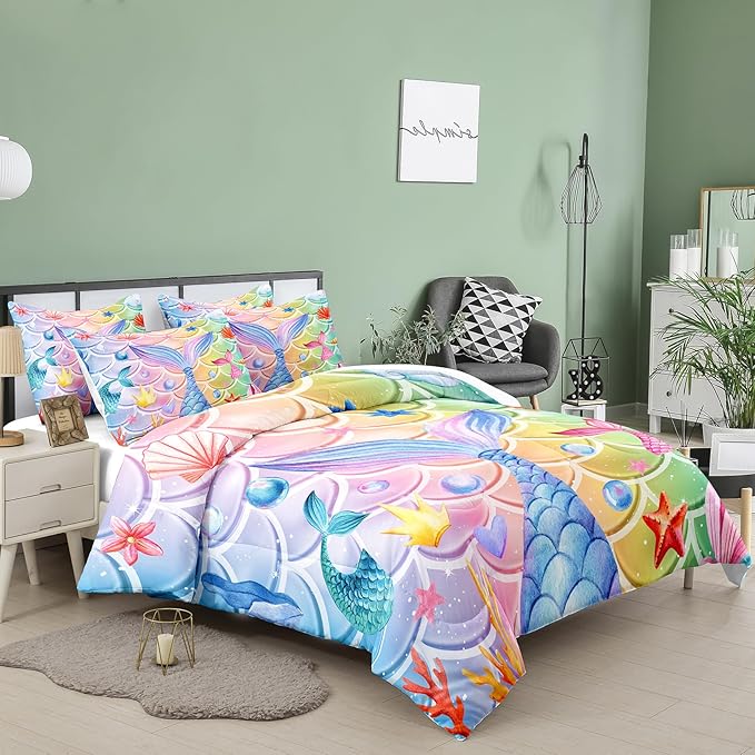 NINENINE Mermaid Tail Bedding Mermaid Comforter Set,Blue Glitter Bedding Full Comforter Sets for girls,Rainbow Scales Bedding Sets with 1Comforter 2Pillowcases - LeafyLoom
