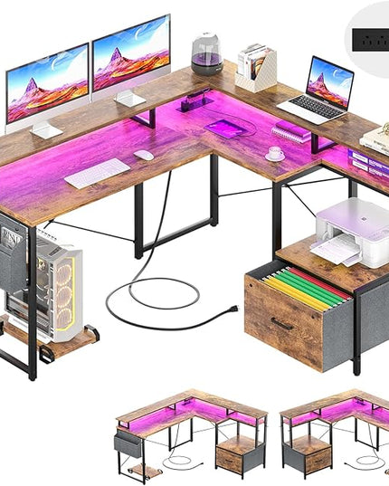 Unikito L Shaped Desk with File Drawer, Reversible L Shaped Computer Desk with Power Outlet & LED Lights, Home Office Desk Corner Desk with Monitor Shelf & Printer Cabinet, Gaming Desk, Rustic Brown - LeafyLoom