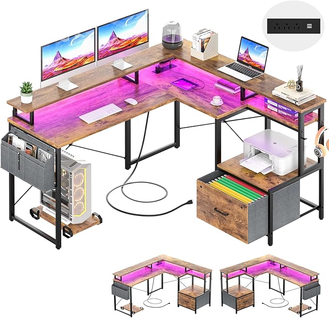 Unikito L Shaped Desk with File Drawer, Reversible L Shaped Computer Desk with Power Outlet & LED Lights, Home Office Desk Corner Desk with Monitor Shelf & Printer Cabinet, Gaming Desk, Rustic Brown - LeafyLoom
