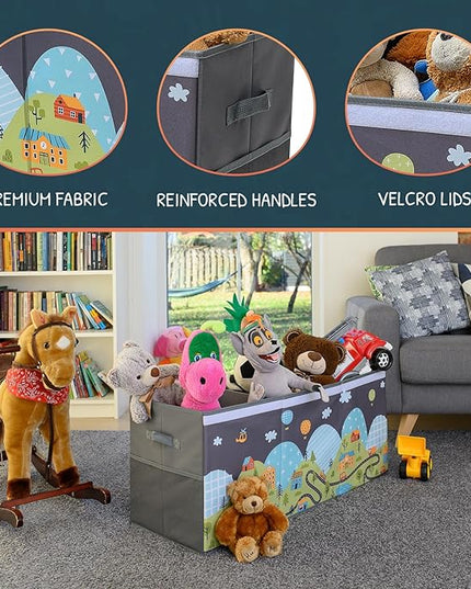 Extra Large Toy Storage Organizer with Lid - Sturdy, Collapsible Toy Chest Storage Box with Cute Design - Toys Bin with Dividers for Kids, Boys, Girls, Nursery, Bedroom, Play room 37"x16"x14" - LeafyLoom