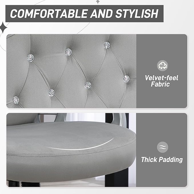 Vinsetto Home Office Chair, Velvet Computer Chair, Button Tufted Desk Chair with Swivel Wheels, Adjustable Height, and Tilt Function, Light Gray - LeafyLoom