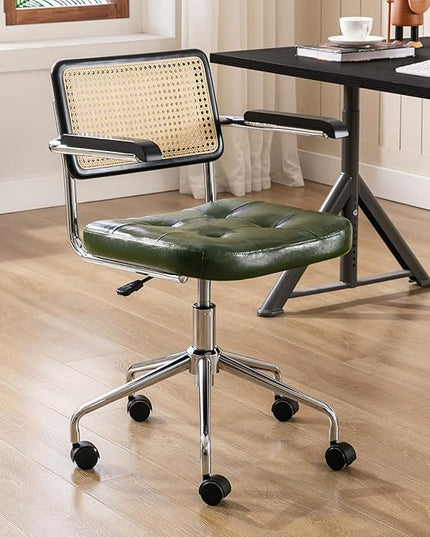 Zesthouse Modern Home Office Chair Leather Desk Chair with Rattan Back, Vanity Chair for Girls Women, Upholstered Tufted Swivel Armchair for Bedroom, Height Adjustable Computer Task Chair - LeafyLoom