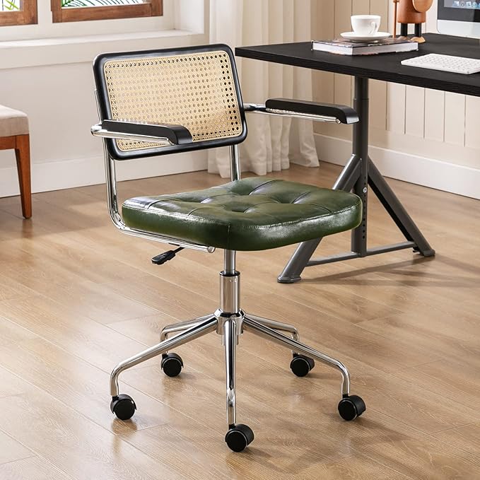 Zesthouse Modern Home Office Chair Leather Desk Chair with Rattan Back, Vanity Chair for Girls Women, Upholstered Tufted Swivel Armchair for Bedroom, Height Adjustable Computer Task Chair - LeafyLoom