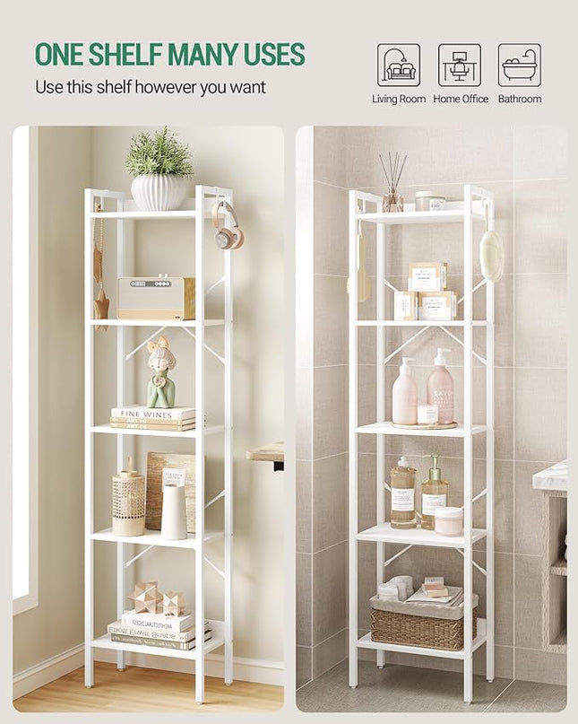 Bookshelf, Book Shelf, Industrial Bookcase with 2 Hooks, Coner Shelf Storage Organizer for Home Office, Living Room, Bedroom, Kitchen, 5-Tier White BC10513W - LeafyLoom