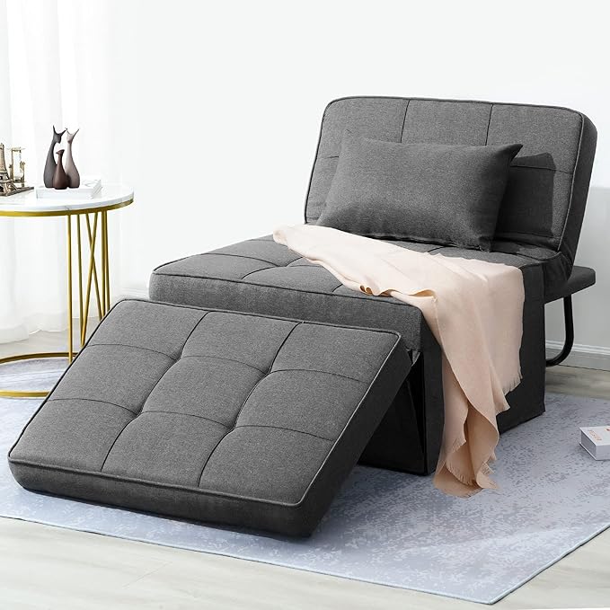 Sofa Bed, 4 in 1 Multi-Function Folding Ottoman Breathable Linen Couch Bed with Adjustable Backrest Modern Convertible Chair for Living Room Apartment Office, Dark Grey - LeafyLoom