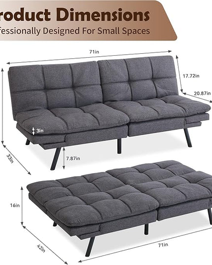 Futon Sofa Bed, Memory Foam Futon Sleeper Sofa Loveseat Convertible Couch Bed for Small Compact Living Spaces,Apartment,Grey Linen Fabric - LeafyLoom