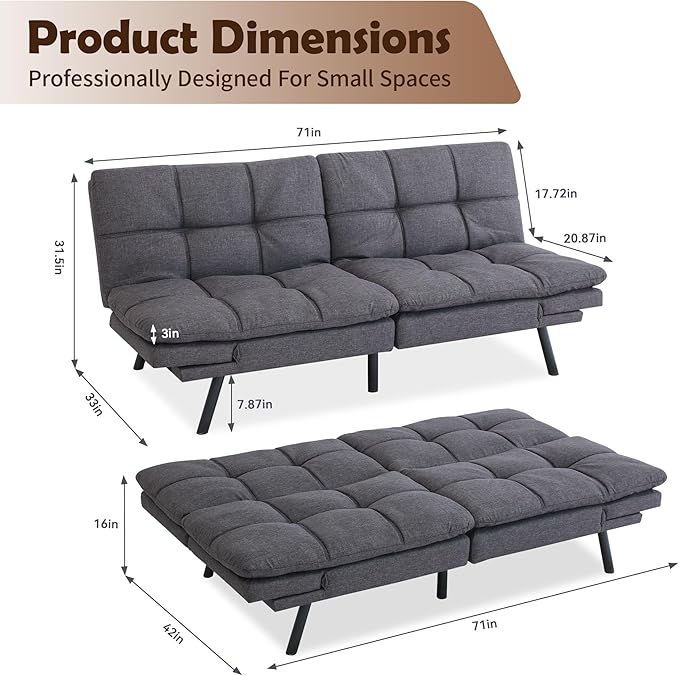Futon Sofa Bed, Memory Foam Futon Sleeper Sofa Loveseat Convertible Couch Bed for Small Compact Living Spaces,Apartment,Grey Linen Fabric - LeafyLoom