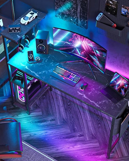 Bestier Gaming Desk with LED Lights, Computer Desk with 4 Tiers Reversible Shelves, 51.3 Inch Gamer Desk with Side Storage Bag, Hooks and Height Adjustable Shelf (Black Marble) - LeafyLoom