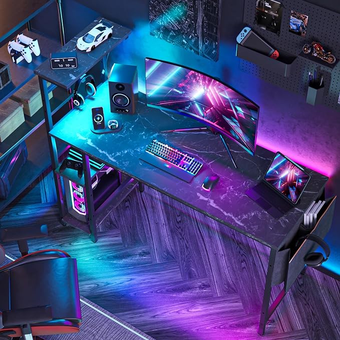 Bestier Gaming Desk with LED Lights, Computer Desk with 4 Tiers Reversible Shelves, 51.3 Inch Gamer Desk with Side Storage Bag, Hooks and Height Adjustable Shelf (Black Marble) - LeafyLoom