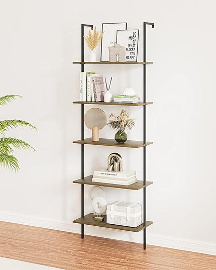 5 Tiers Ladder Shelf 2-Piece Black Modern Tall Bookshelf Open Large Tall Wall Mount Storage Bookcase Standing Leaning Wall Shelves Industrial Decorative - LeafyLoom