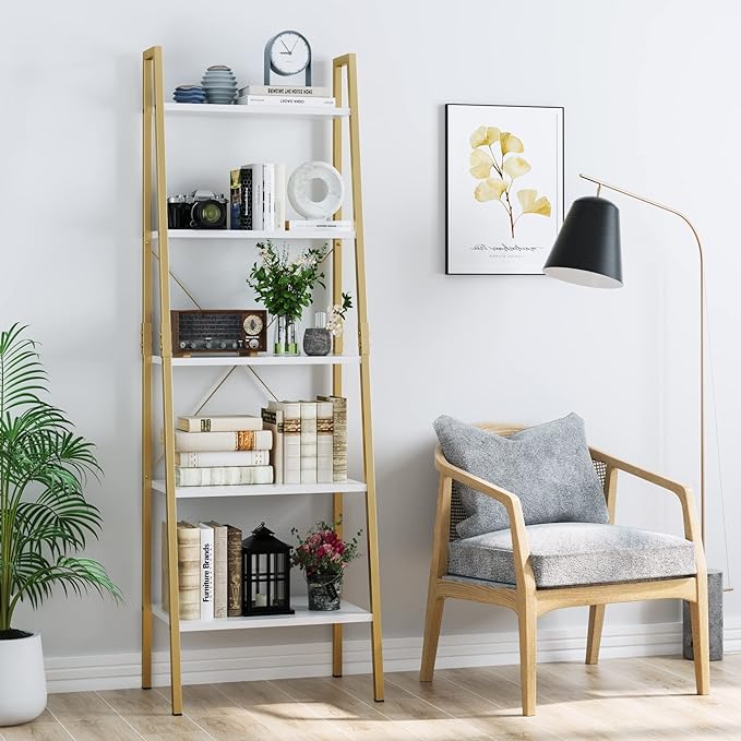 finetones 5-Tier Ladder Shelf, Gold Bookcase Bookshelf with Metal Frame, Display Shelf Plant Rack Accent Furniture for Home Office, White/Golden - LeafyLoom