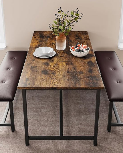 Kitchen Table with Benches, Dining Table Set for 4, Rectangular Dining Room Table Set with 2 Upholstered Benches, 3 Piece Kitchen Table Set for Small Space, Apartment, Studio, Retro Brown - LeafyLoom