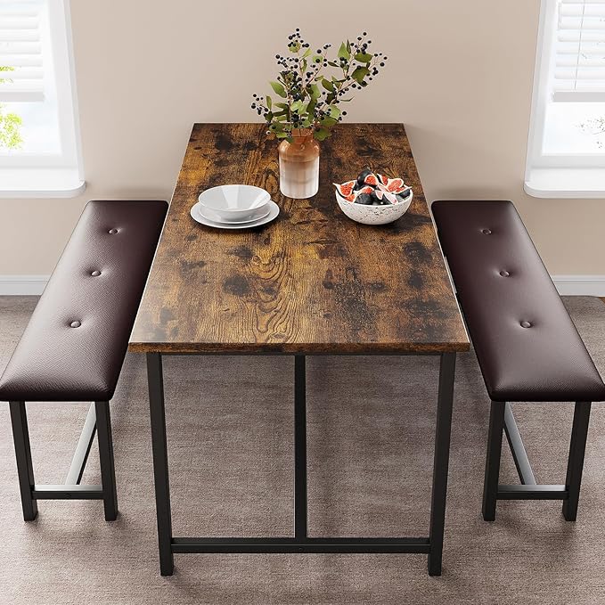 Kitchen Table with Benches, Dining Table Set for 4, Rectangular Dining Room Table Set with 2 Upholstered Benches, 3 Piece Kitchen Table Set for Small Space, Apartment, Studio, Retro Brown - LeafyLoom