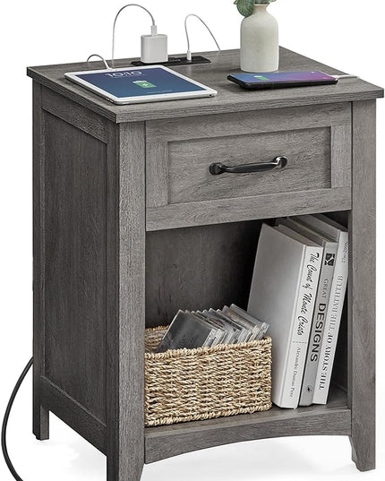 VASAGLE Farmhouse Nightstand with Charging Station, Bedside Table with Drawer, Open Compartment, Side Table with Storage, for Bedroom, Misty Gray ULET659G68 - LeafyLoom