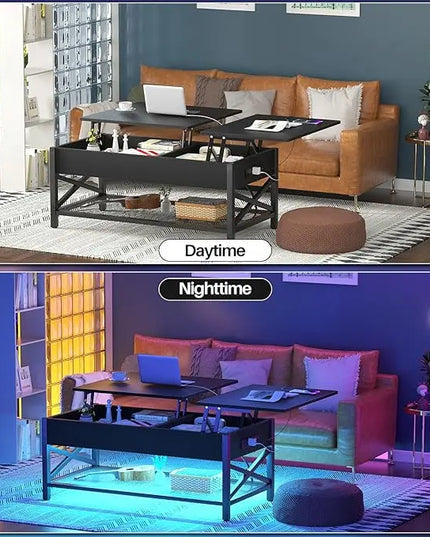 Aheaplus Black Lift-Top Coffee Table with LED Light, Power Outlets and Storage Shelf, 41.7"W x 19.69"L x 19.7"H - LeafyLoom