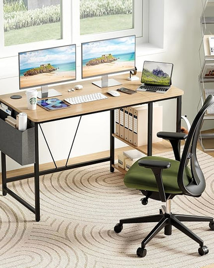 Computer Desk, 47.2” Home Office Desks, Modern Small Desk for Bedroom, Gaming Desk with Iron Hook and Height Adjustable Feet, Sturdy Student Writing Desk with Storage Bag, Storage Shelves - LeafyLoom