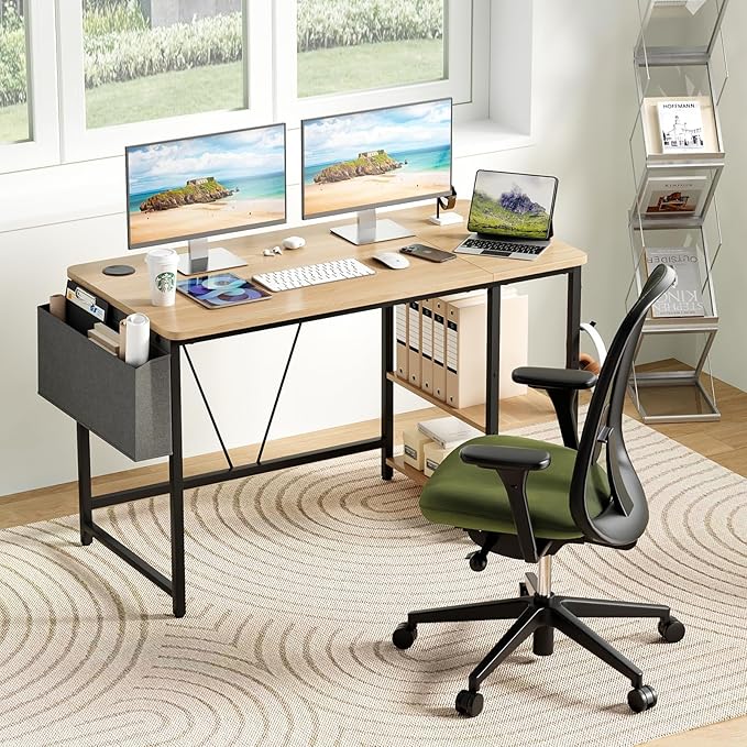 Computer Desk, 47.2” Home Office Desks, Modern Small Desk for Bedroom, Gaming Desk with Iron Hook and Height Adjustable Feet, Sturdy Student Writing Desk with Storage Bag, Storage Shelves - LeafyLoom