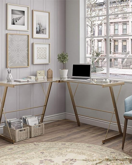Ameriwood Home Odin Glass L-Shaped Computer Desk, Gold - LeafyLoom