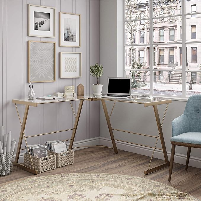Ameriwood Home Odin Glass L-Shaped Computer Desk, Gold - LeafyLoom