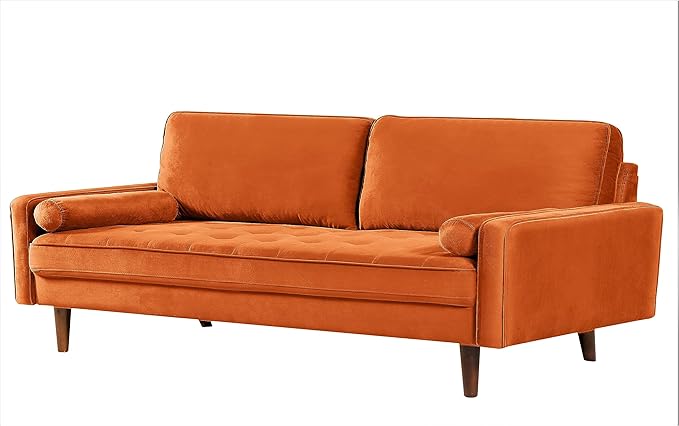 US Pride Furniture Velvet 70" Sofa Couch, Iconic Mid-Century Style Living Room Furniture with Contemporary Silhouette, Button Tufting and Wood Legs, includes 2 Bolster Pillows, Orange - LeafyLoom