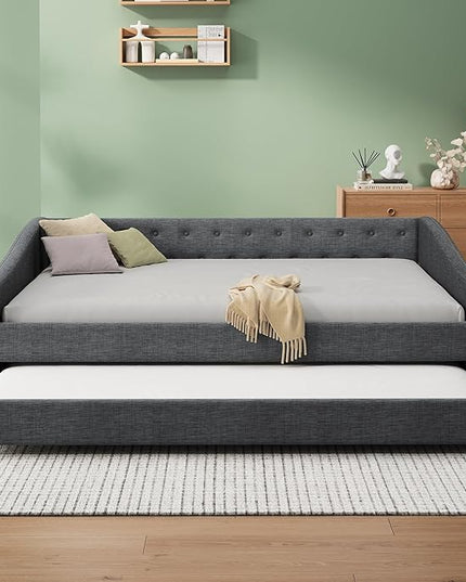 Twin Daybed Frame with Trundle,Upholstered Sofa Bed W/Button & Nailhead Tufted Design,Wood Slats Support,Saving Space,Linen Fabric Bedframe for Living Room Bedroom Apartment,Dark Gray - LeafyLoom