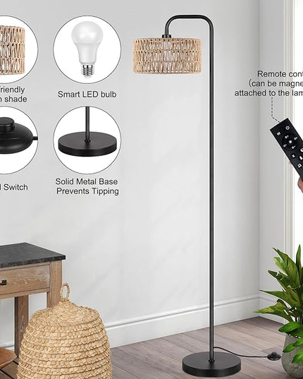 PARTPHONER Farmhouse Floor Lamp, 68''Tall Lamp for Living Room with Remote 3 Color Temperatures Boho Standing Lamp with Rattan Shades for Bedroom Study Room Office Hotel, Bulb Include - LeafyLoom