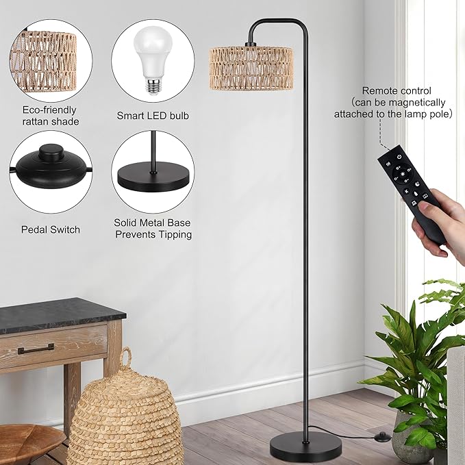 PARTPHONER Farmhouse Floor Lamp, 68''Tall Lamp for Living Room with Remote 3 Color Temperatures Boho Standing Lamp with Rattan Shades for Bedroom Study Room Office Hotel, Bulb Include - LeafyLoom