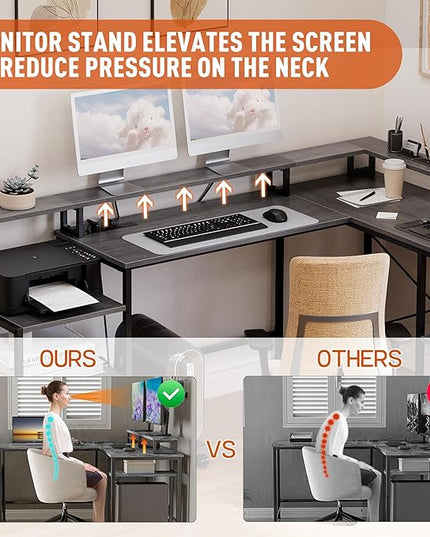 IDEALHOUSE L Shaped Desk - 76" Reversible L Shaped Computer Desk with File Drawer, Office Desk with Power Outlet, L Shaped Gaming Desk with Monitor Shelf, Corner Desk for Home Office, Grey Oak - LeafyLoom