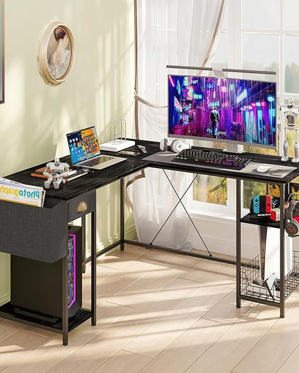 X-cosrack 88.5inch Large L-Shaped Computer Desk with Storage Shelves Drawer, Home Office Writing Corner Desk, 2 Person Long Desk PC Laptop Workstation with Hooks Storage Bag Cable Hole-Black - LeafyLoom