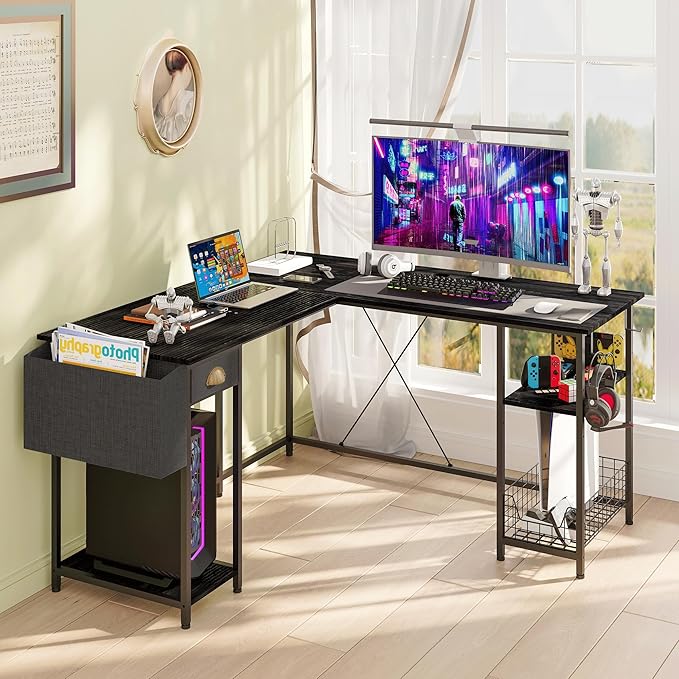 X-cosrack 88.5inch Large L-Shaped Computer Desk with Storage Shelves Drawer, Home Office Writing Corner Desk, 2 Person Long Desk PC Laptop Workstation with Hooks Storage Bag Cable Hole-Black - LeafyLoom
