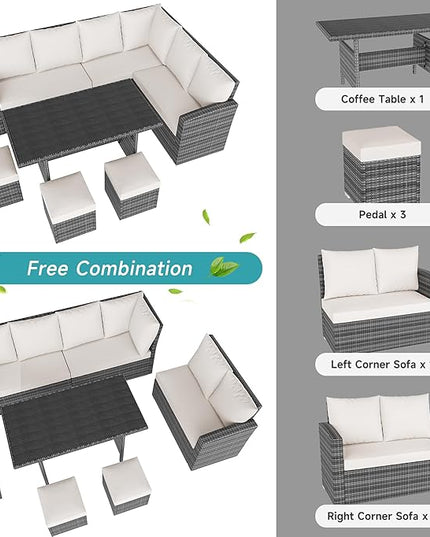 IDEALHOUSE 7 Pieces Outdoor Dining Set,Patio Sectional Sofa Conversation Set All Weather Wicker Rattan Couch Dining Table & Chair with Ottoman Beige - LeafyLoom