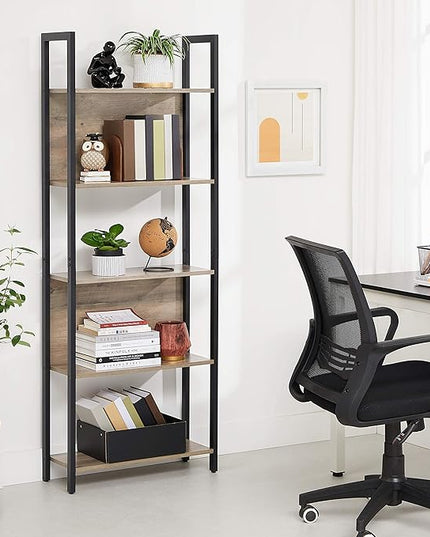 VASAGLE 5-Tier Bookshelf, Book Shelf, Industrial Bookcase, with Steel Frame, for Living Room, Home Office, Bedroom, 9.4 x 24.4 x 65 Inches, Greige and Black ULLS025B02 - LeafyLoom