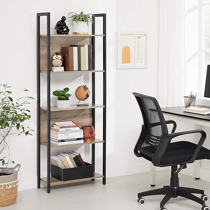 VASAGLE 5-Tier Bookshelf, Book Shelf, Industrial Bookcase, with Steel Frame, for Living Room, Home Office, Bedroom, 9.4 x 24.4 x 65 Inches, Greige and Black ULLS025B02 - LeafyLoom