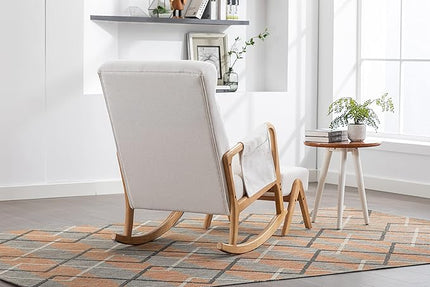 Armchair with Ottoman, Mid-Century Upholstered Accent Nursery, Glider Rocker Thick Cushion, Comfy Indoor Leisure Lounge Living Room, Bedroom, Office, Rocking Chair, Beige - LeafyLoom